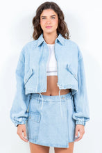 Light Blue Drawstring Waist Crop Denim Jacket and Skirt Set for Women LT Blue