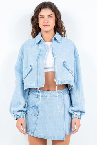 Light Blue Drawstring Waist Crop Denim Jacket and Skirt Set for Women LT Blue