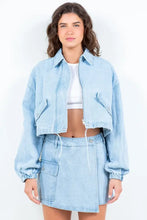 Light blue drawstring waist crop denim jacket and skirt set for women