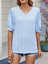 Light Blue Eyelet Lace Puff Sleeve Blouse for Women