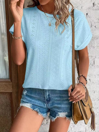 Light Blue Eyelet T-Shirt for Women Pastel Blue