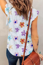 Light blue floral printed notched cap sleeve V-neck top for women