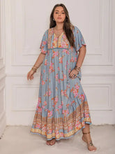 Light blue plus size printed flutter sleeve maxi dress with floral print