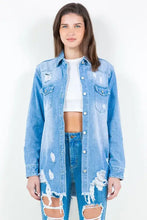 Light blue frayed hem distressed denim shirt jacket with button closure