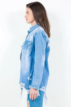 Light blue frayed hem distressed denim shirt jacket with cotton wash