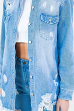Light blue frayed hem distressed denim shirt jacket with pocket detail