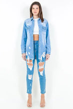 Light blue frayed hem distressed denim shirt jacket with ripped knees