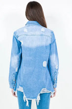 Light blue frayed hem distressed denim shirt jacket with tie-dye effect