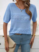 Light blue knit top with zigzag texture, basic style, moderate stretch