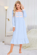 Light Blue Long Sleeve Cotton Nightgown with Lace Detail Pastel Blue