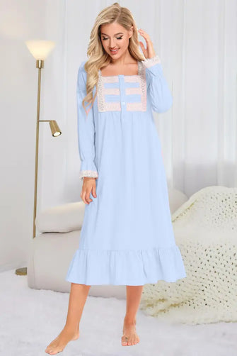 Light Blue Long Sleeve Cotton Nightgown with Lace Detail Pastel Blue Sleep Dresses