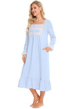 Light Blue Long Sleeve Cotton Nightgown with Lace Detail