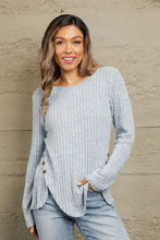 Light blue Mandy buttoned hem ribbed knit long-sleeve top