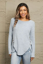 Light blue Mandy buttoned hem ribbed knit long sleeve top