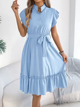 Light Blue Midi Dress with Belt and Ruffle Detail Casual Dresses