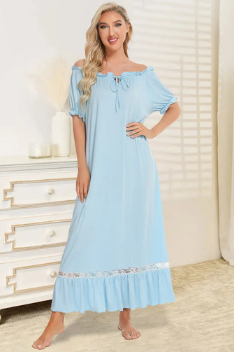 Light Blue Off Shoulder Nightgown with Lace Trim Light Blue