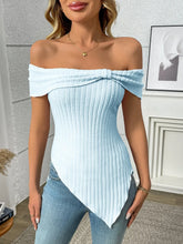 Light Blue Off Shoulder Ribbed Knit Top for Women