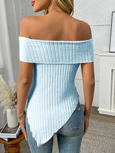 Light Blue Off Shoulder Ribbed Knit Top for Women