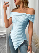 Light Blue Off Shoulder Ribbed Knit Top for Women