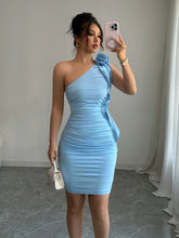 Light Blue One-Shoulder Ruched Evening Dress