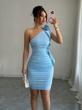 Light blue one-shoulder ruched evening dress with floral accent