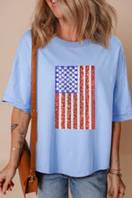 Light Blue Oversized T-Shirt with American Flag Sequin Graphic Light Blue