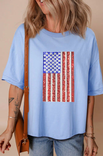 Light Blue Oversized T-Shirt with American Flag Sequin Graphic Light Blue