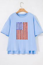 Light Blue Oversized T-Shirt with American Flag Sequin Graphic