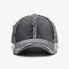 Distressed light blue raw hem cotton baseball cap with frayed edges