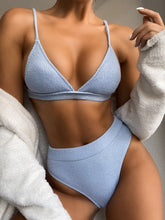 Light Blue Ribbed Bikini with Removable Padding and Mid Waist Bottoms Light Blue
