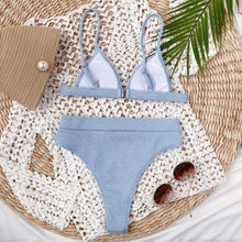 Light Blue Ribbed Bikini with Removable Padding and Mid Waist Bottoms