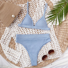 Light Blue Ribbed Bikini with Removable Padding and Mid Waist Bottoms