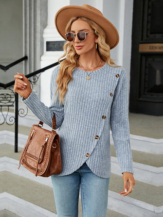Light Blue Ribbed Knit Top with Asymmetrical Button Detail Misty Blue