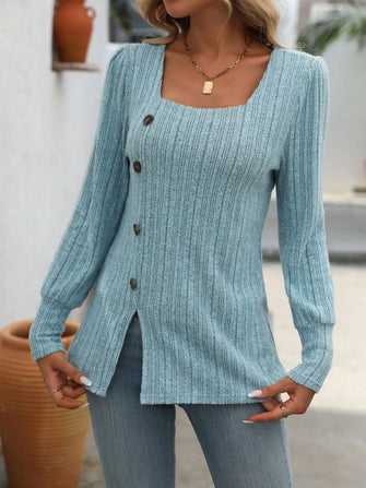 Light Blue Ribbed Knit Top with Decorative Button and Square Neck Pastel Blue