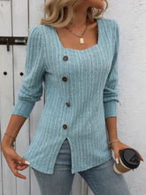 Light Blue Ribbed Knit Top with Decorative Button and Square Neck