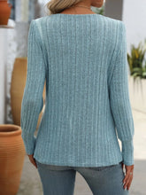 Light Blue Ribbed Knit Top with Decorative Button and Square Neck
