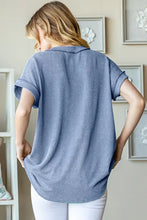 Light blue ribbed sleeve pocket short sleeve top for women