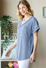 Light blue ribbed sleeve pocket short sleeve top for women