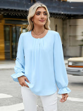 Light Blue Ruched Long Sleeve Blouse for Women Pastel Blue