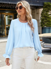 Light Blue Ruched Long Sleeve Blouse for Women