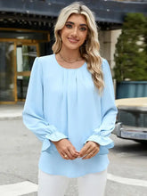 Light Blue Ruched Long Sleeve Blouse for Women Woman T Shirts