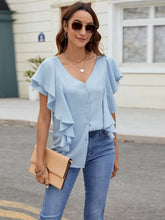 Light Blue Ruffled Buttoned Blouse for Women