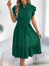 Light Blue Midi Dress with Belt and Ruffle Detail