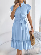 Light Blue Midi Dress with Belt and Ruffle Detail Casual Dresses