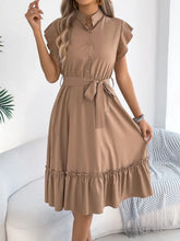 Light Blue Midi Dress with Belt and Ruffle Detail Casual Dresses