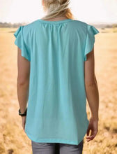 Light blue ruffled notched cap sleeve tank with gathered neckline