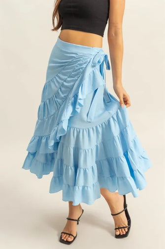 Light Blue Ruffled Tiered High Waist Midi Skirt for Women Pastel Blue