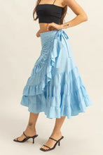 Light blue ruffled tiered high waist midi skirt for women