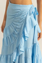 Light Blue Ruffled Tiered High Waist Midi Skirt for Women