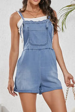 Light blue square neck denim overalls with pockets and cuffed hems